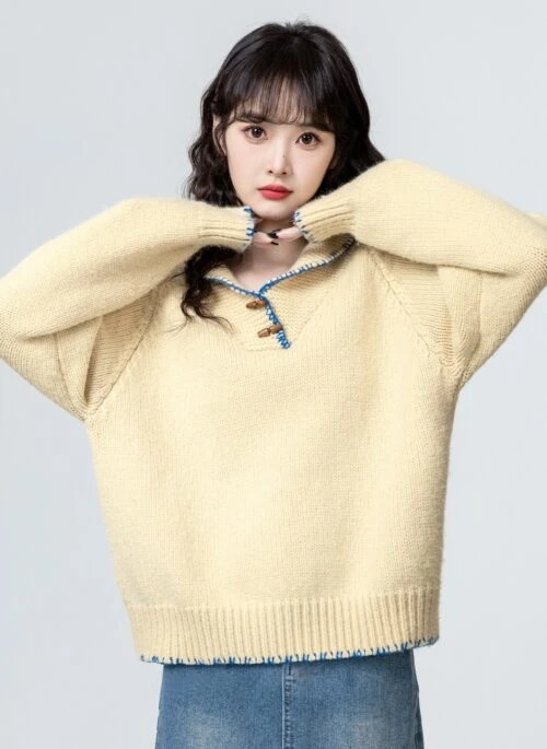 Yellow Toggle Collar Thick Sweater