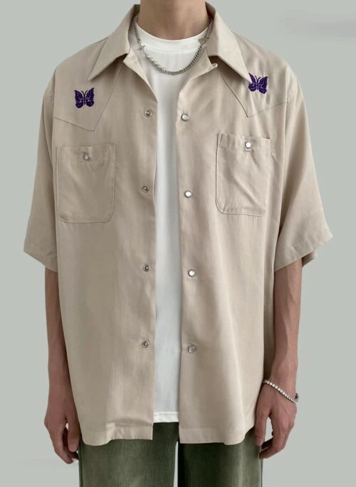 Beige Button-Up Butterfly Embroidered Shirt | Suga - BTS