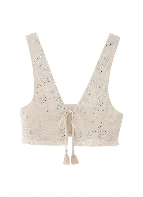 Beige Floral Embroidered Cropped Vest | Eunchae – Le Sserafim