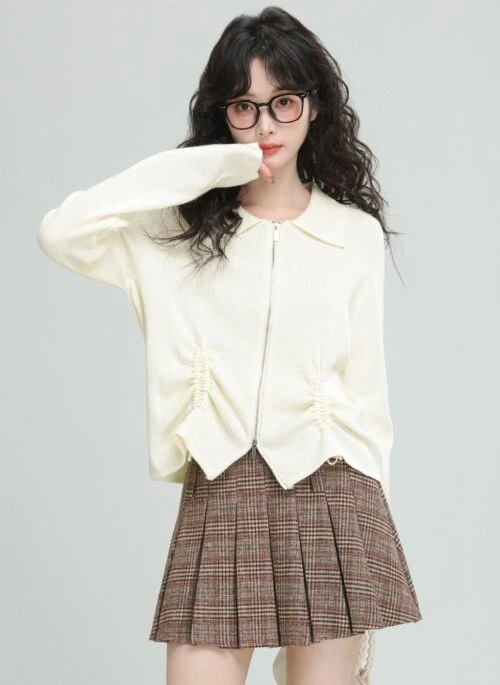 Beige Knit Polo Drawstring Cardigan