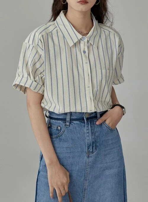 Beige Stripes Short Sleeves Shirt | Chae Yong Ju – Brewing Love