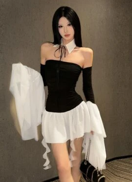 Black And White Ragged Skirt Long Sleeve Dress | Ningning – Aespa