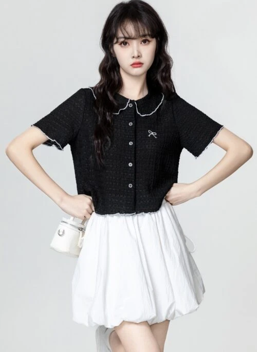 Black Shortsleeve Bow Embroidered Shirt