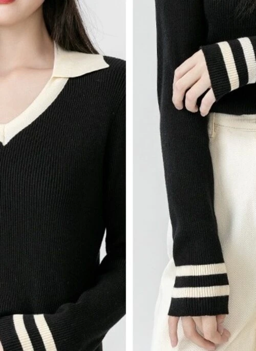 Black Vneck Knit Polo Sweater