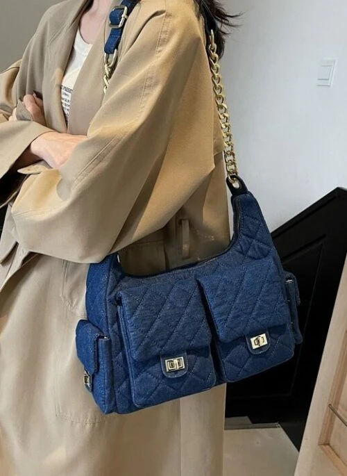 Blue Quilted Pattern Front Pockets Bag | Jennie – BlackPink