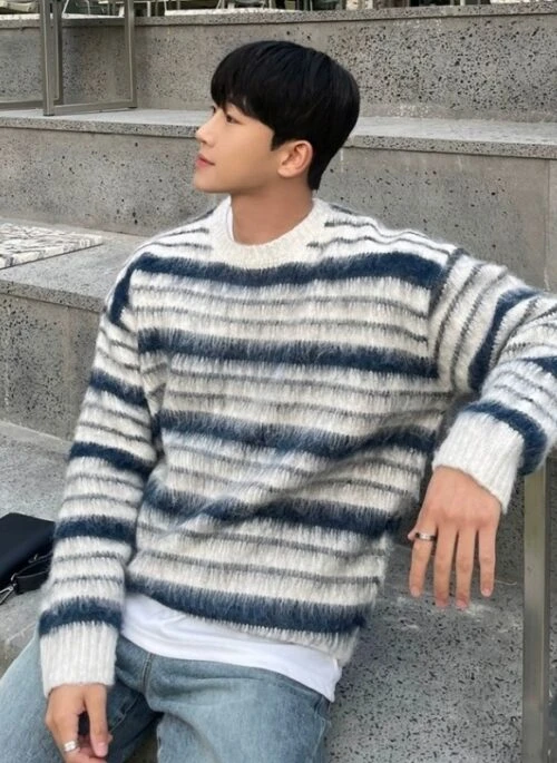 Blue Stripes Fuzzy Knit Sweater | Soobin – TXT