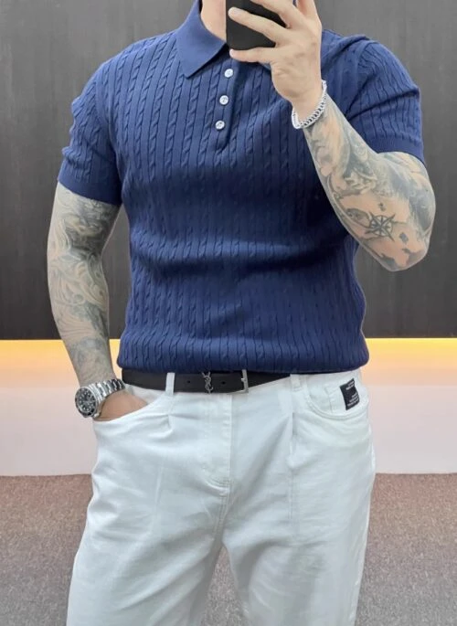 Blue Twist Pattern Knitted Polo Shirt | Jay B - GOT7