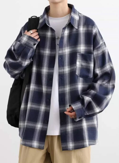 Blue Wide Plaid Long Sleeves Shirt | Jisung - Stray Kids