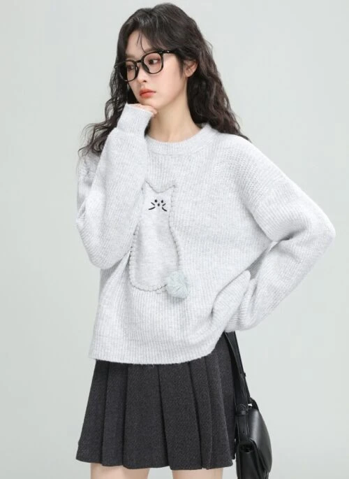 Cartoon Cat Gray Knit Sweater