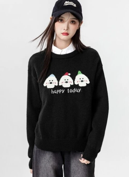 Cartoon Dog Black Knit Sweater