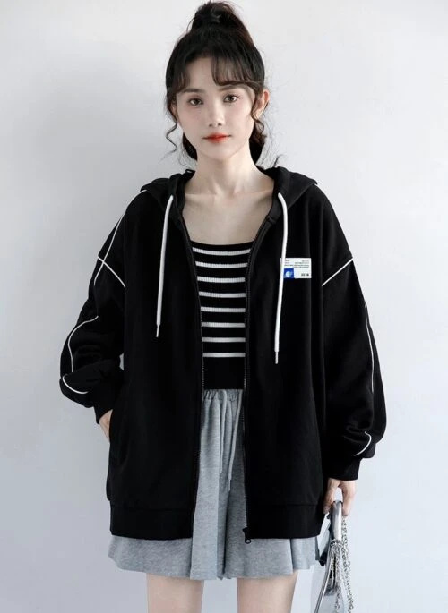 Casual Black Zip Hoodie Jacket