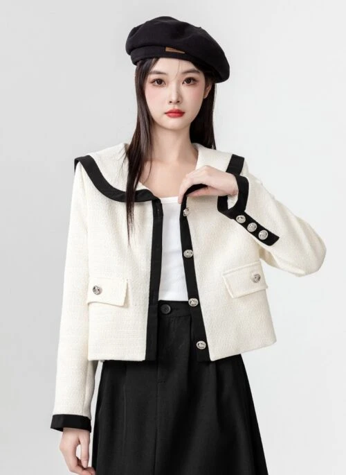 Chic Navy Collar Tweed Jacket