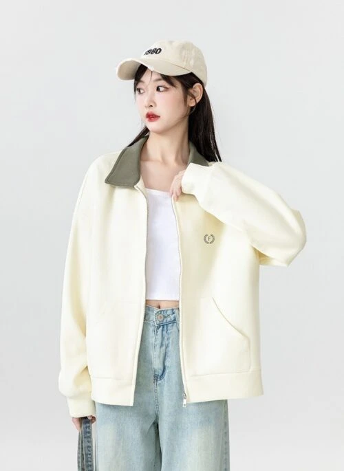 Colorblock Embroidered Zipup Sweatshirt Jacket