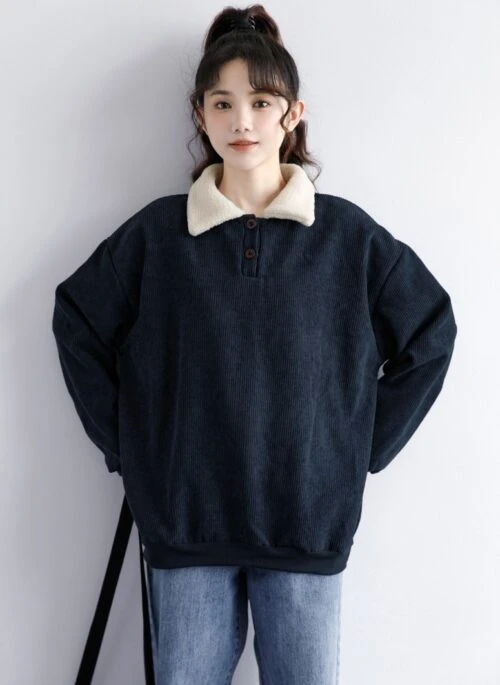 Corduroy Fleece Polo Sweatshirt Navy