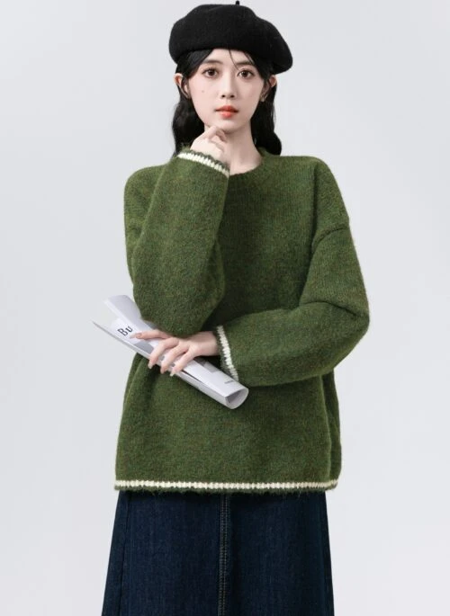 Cozy Green Knit Pullover Sweater