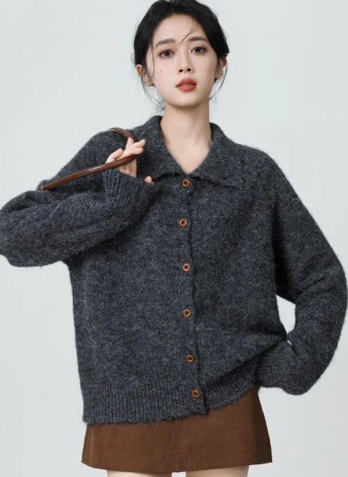 Dark Gray Thick Knit Cardigan Sweater