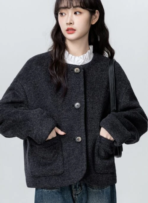 Dark Gray Woolen Coat Short Jacket