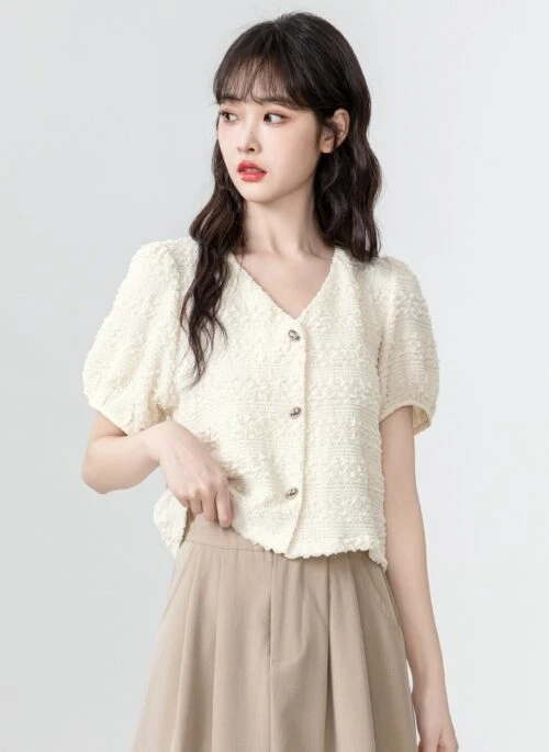 French Puff Sleeve Short Blouse