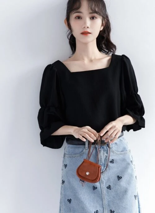 French Style Puff Sleeve Black Top