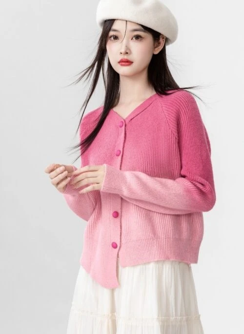 Gradient Vneck Knit Cardigan Sweater