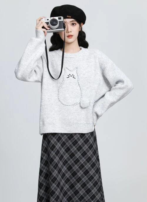 Gray Cartoon Knit Pullover Sweater