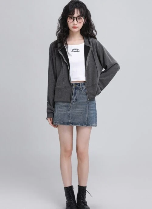 Gray Hooded Casual Zipup Jacket