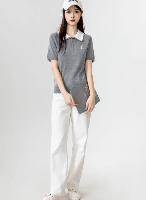 Gray Knit Polo Collar Short Sleeve Tee