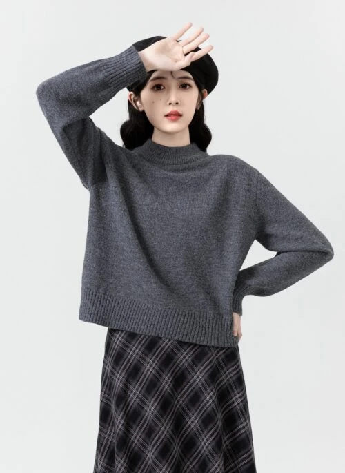 Gray Oversized Turtleneck Knit Sweater