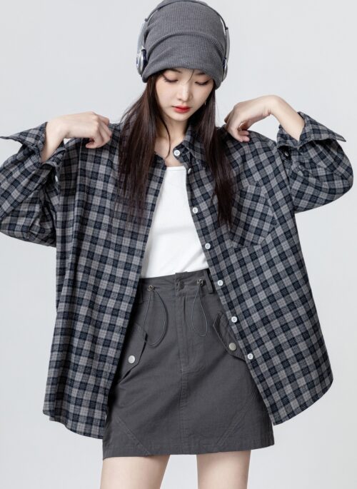 Gray Plaid Long Sleeve Shirt Jacket