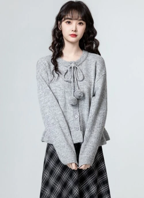 Gray Ruffled Knit Cardigan Sweater