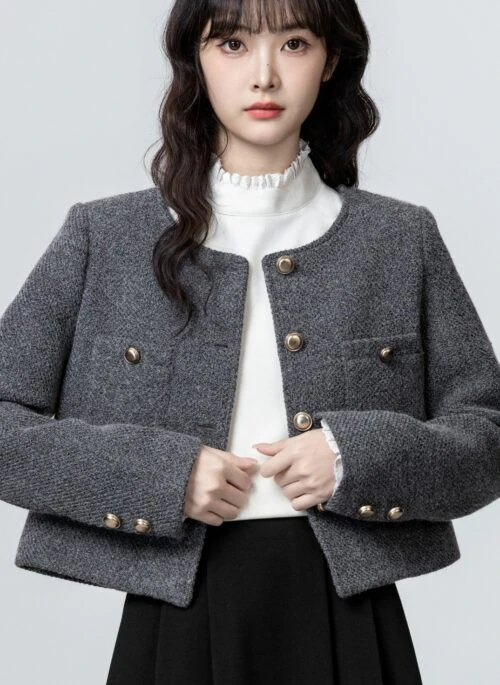 Gray Wool Short Coat With Unique Design