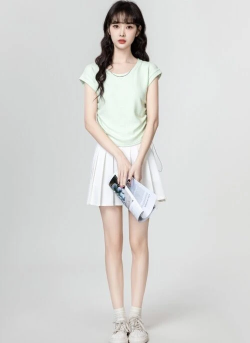 Green Drawstring Short Sleeve Top