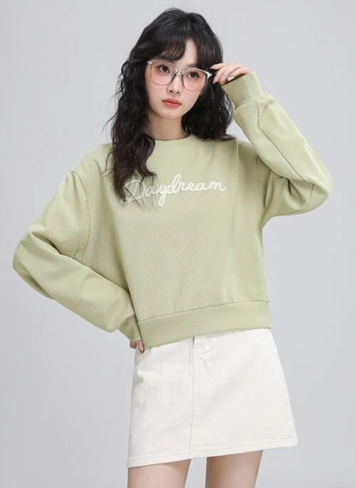 Green Letter Crewneck Pullover Sweatshirt