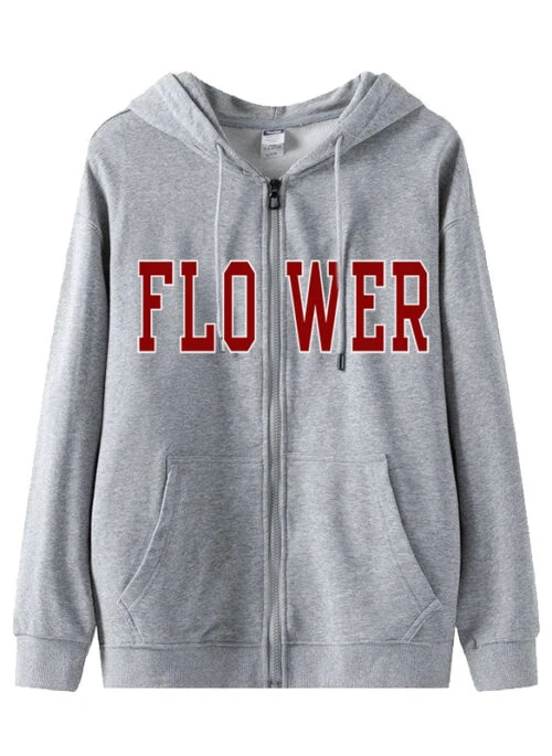 Grey “Flower” Zip-Up Hooded Jacket | Gaeul – IVE