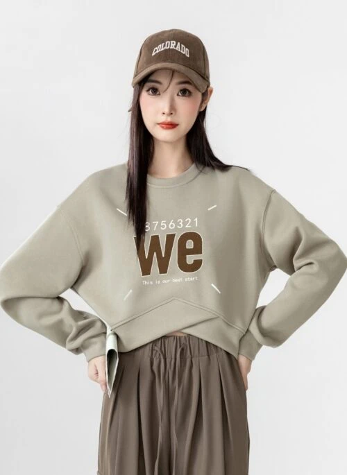 Irregular Round Neck Letter Print Sweatshirt