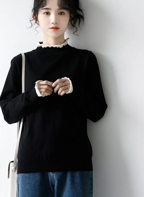 Lace Trim Black Knit Sweater