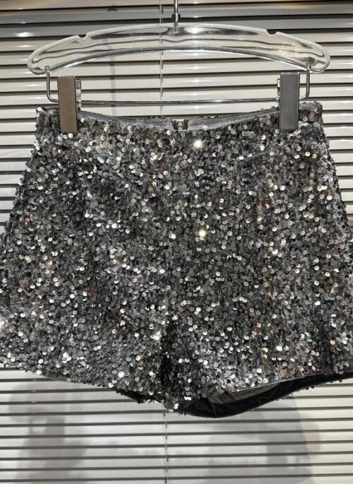 Metallic Grey Sequin Embellished Shorts | Jisoo – BlackPink