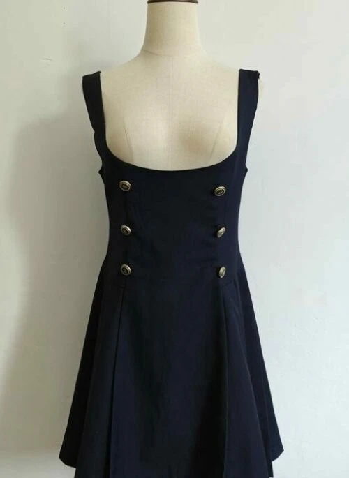 Navy Blue Double-Breasted Pleated Dress | Solar – Mamamoo