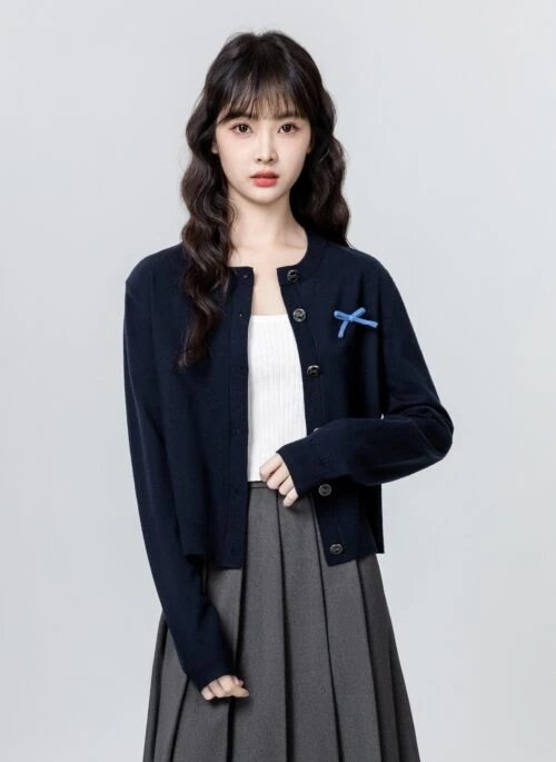 Navy Knitted Cardigan With Bow Design