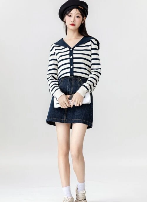 Navy Striped Knit Cardigan Sweater