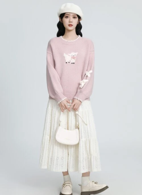 Pink Bow Cartoon Knit Sweater