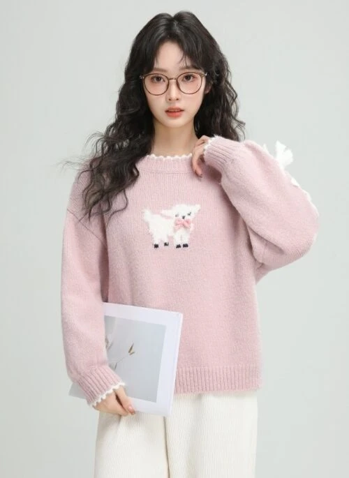 Pink Cartoon Bow Knit Sweater