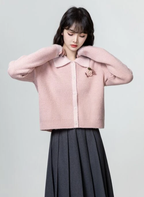 Pink Knit Polo Cardigan Sweater