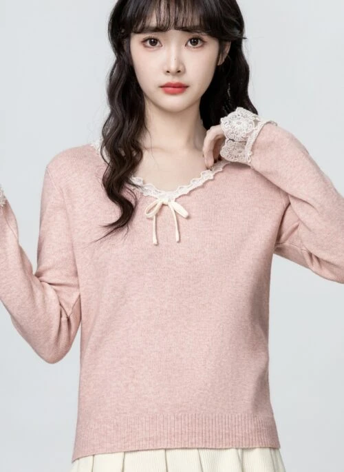 Pink Lace Knit Top With Bow Vneck