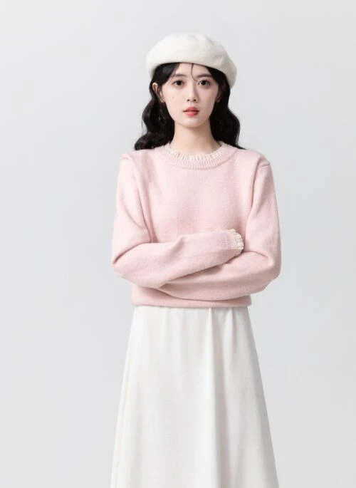 Pink Lace Trim Knitted Sweater