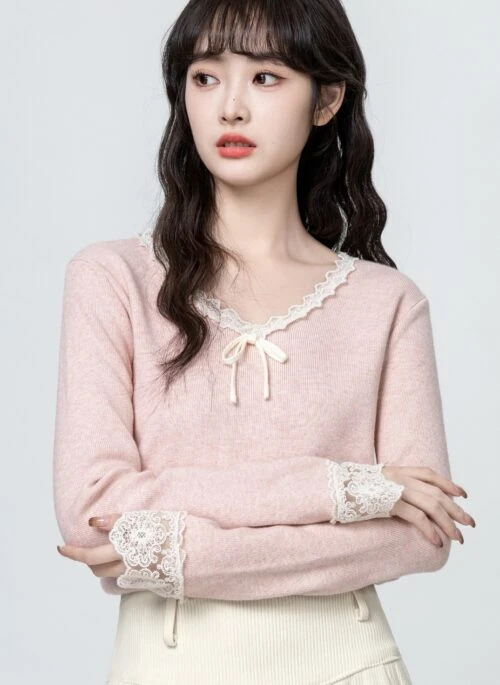 Pink Vneck Lace Knit Top