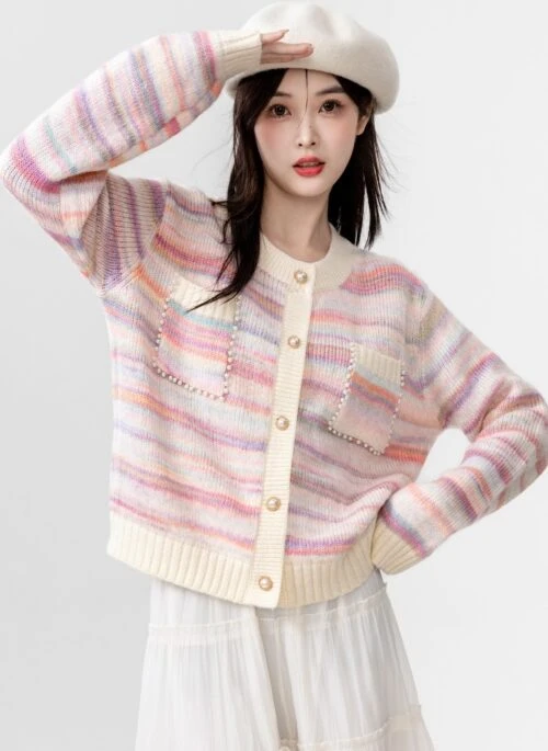 Rainbow Striped Beaded Knit Cardigan