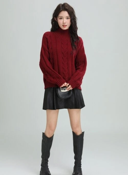 Red Cable Knit Turtleneck Sweater