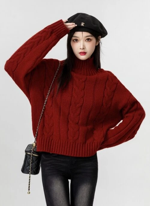 Red Turtleneck Chunky Knit Sweater