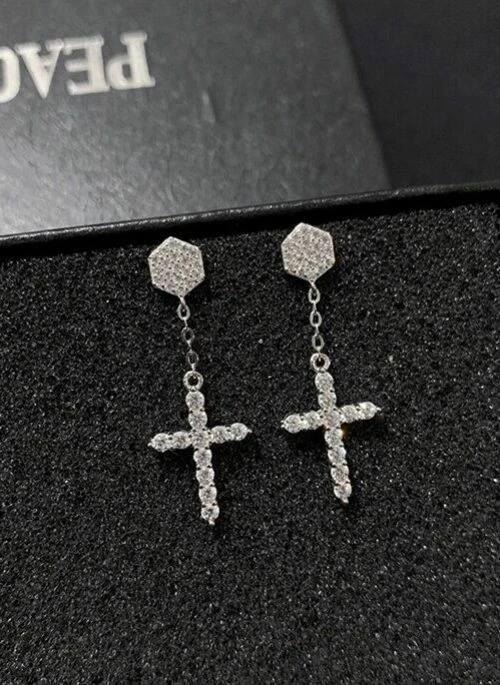 Silver Crystal Cross Earrings | Bambam – GOT7